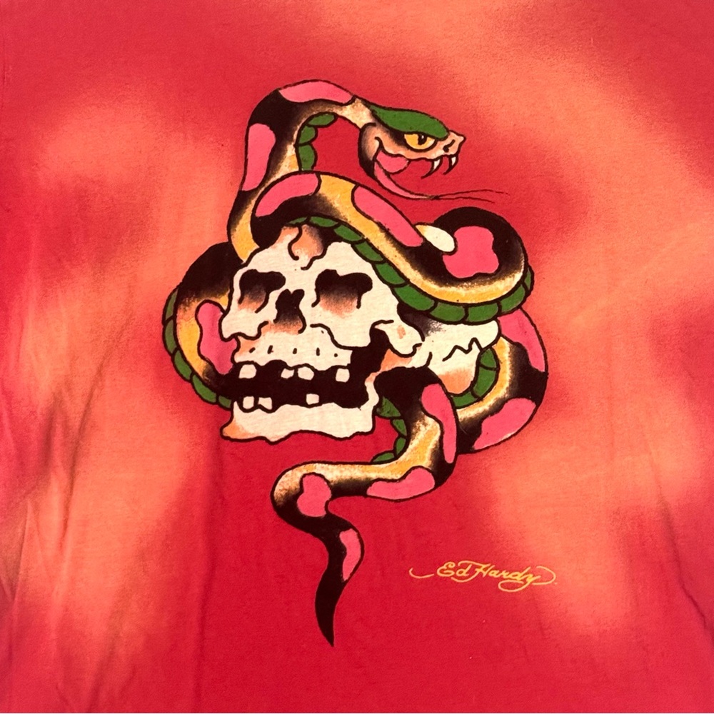 NWOT Ed Hardy Red and Orange Short Sleeve Tee with Skull Design